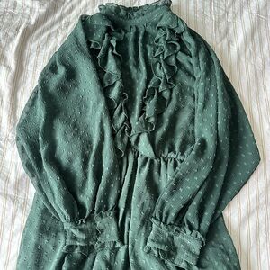 Zara Ruffled Swiss Dot Long Sleeve Dress in Deep Green